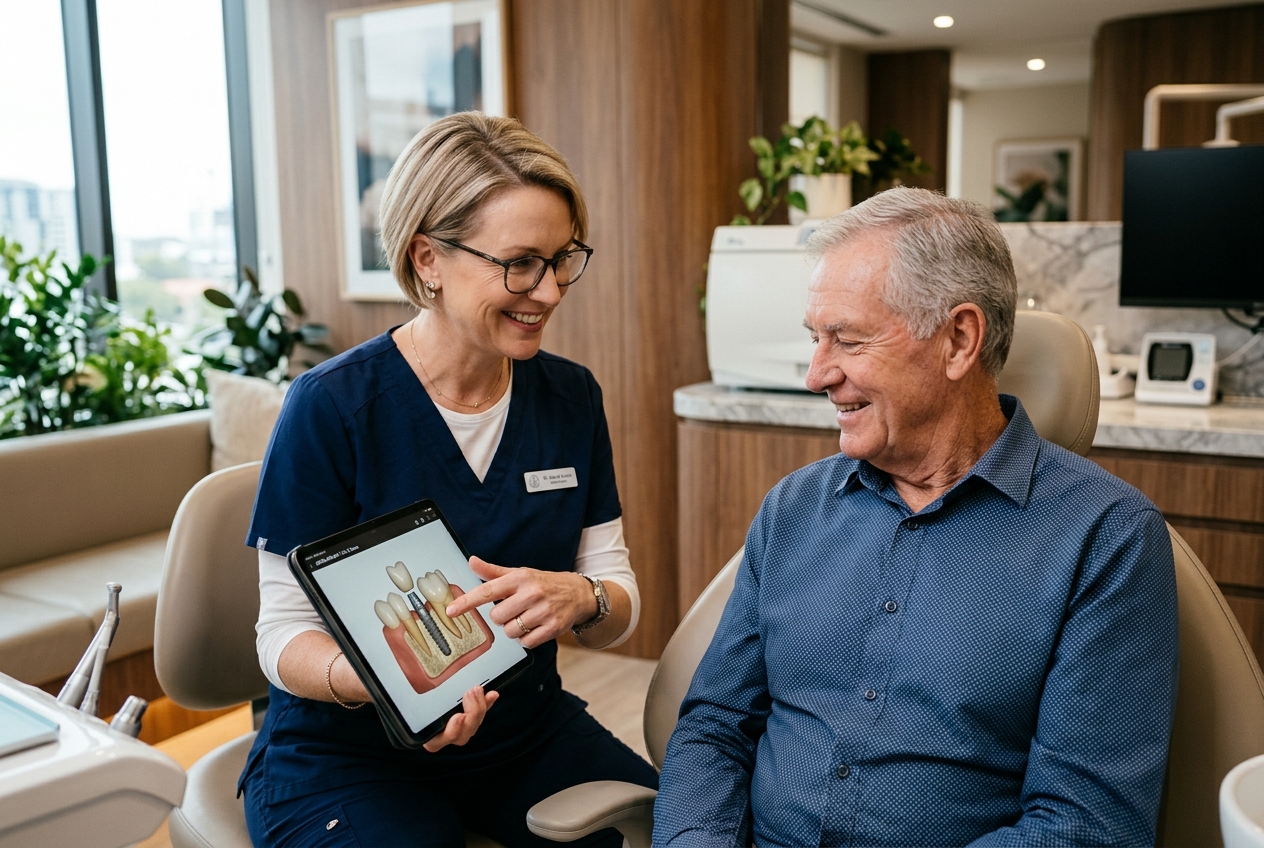 Dentist reviewing a dental implant treatment plan with a patient in Aliso Viejo