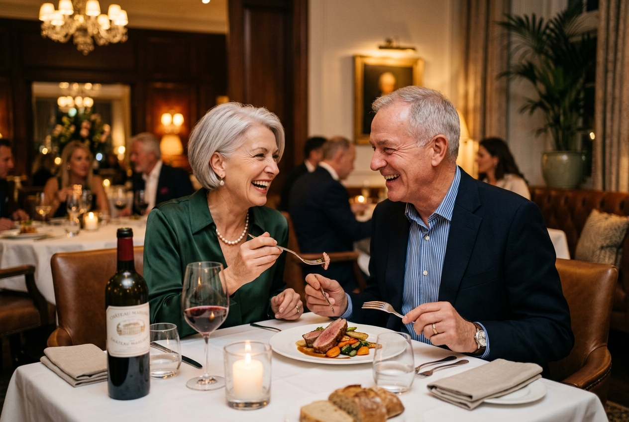 Happy senior smiling while dining with locator-fixed implant dentures in Aliso Viejo